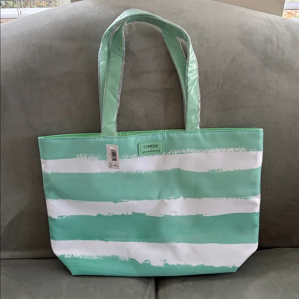 NWT Clinique x Drawbertson Mint & White Striped Lined Tote Bag Boho Beach Vaca - Picture 2 of 8